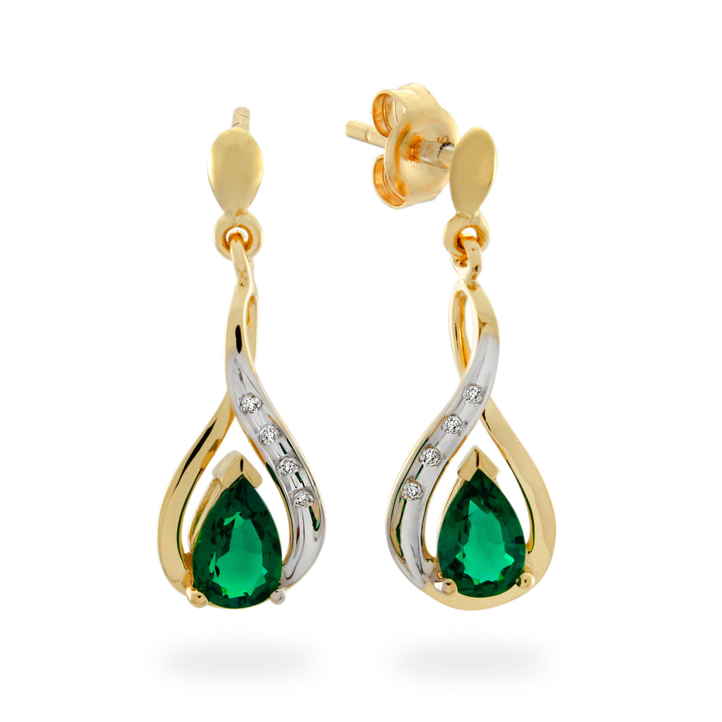 9ct Yellow Gold Created Emerald & Diamond Drop Earrings