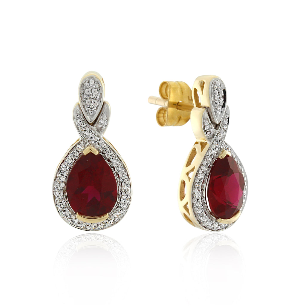 9ct Yellow Gold Created Ruby & Diamond Earrings .20ct TW
