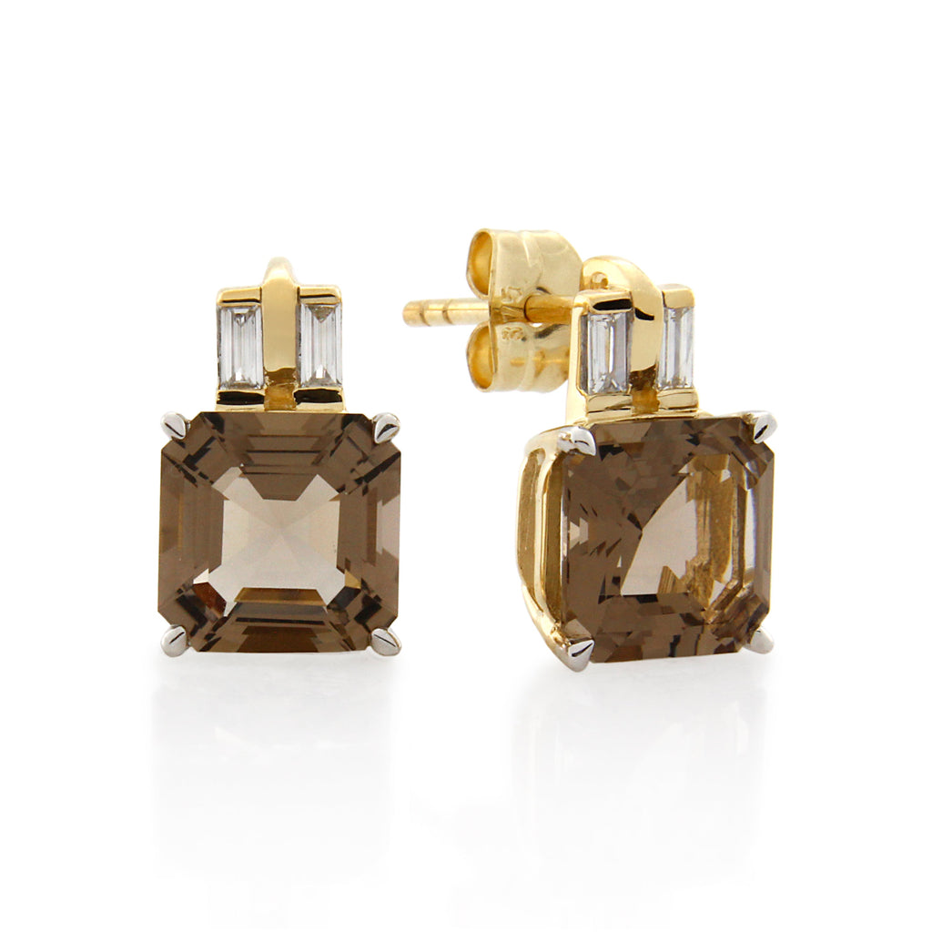 9ct Yellow Gold Smoky Quartz & Diamond Earrings .16ct TW