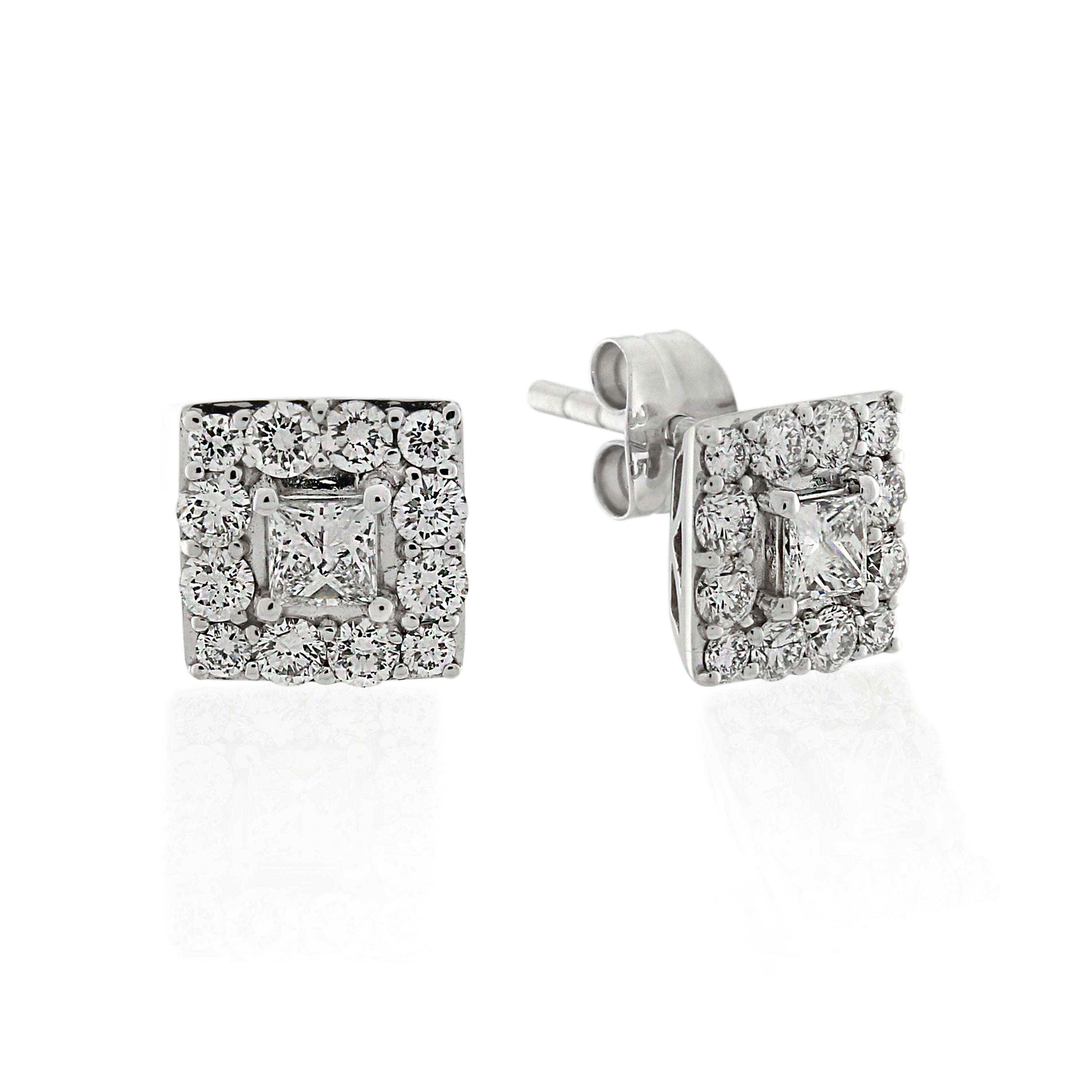 18ct White Gold Diamond Square Cluster Halo Earrings .74ct TW