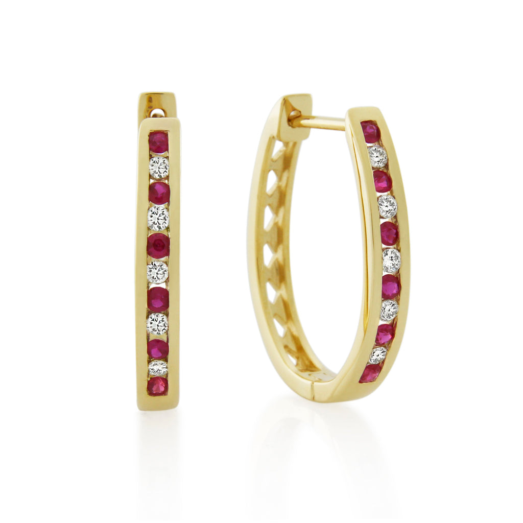 9ct Yellow Gold Natural Ruby & Diamond Huggie Earrings 0.15ct TW