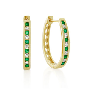 9ct Yellow Gold Natural Emerald & Diamond Huggie Earrings .15ct TW