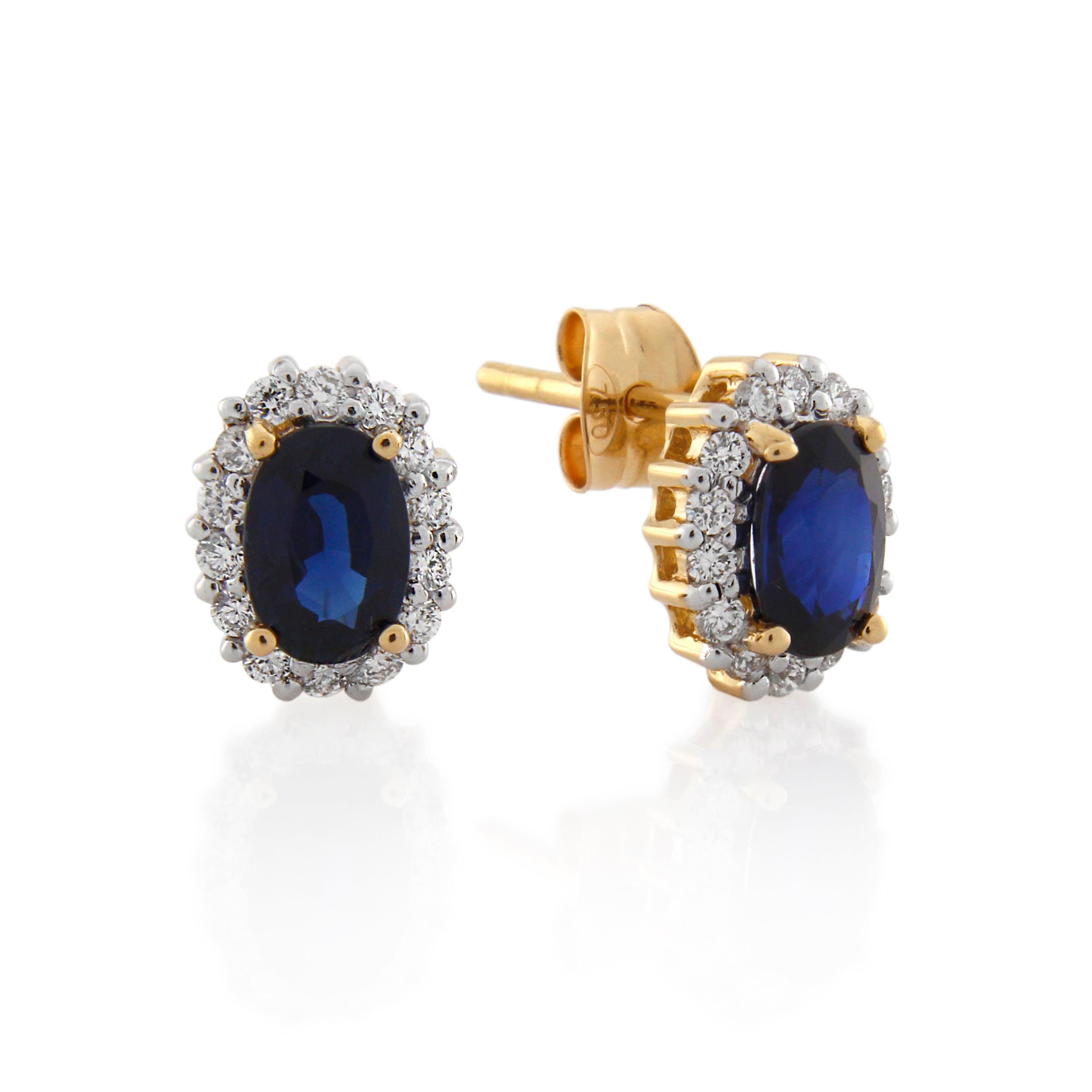 18ct Yellow Gold Natural Sapphire & Diamond Cluster Stud Earrings .28ct TW