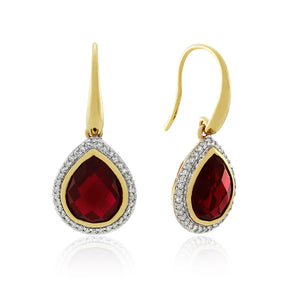 18ct Yellow Gold Created Ruby & Diamond Hook Earrings .24ct TW
