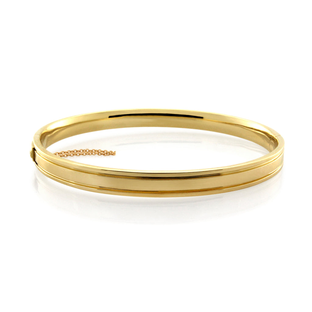 9ct Yellow Gold Solid Hinged Bangle & Safety Chain