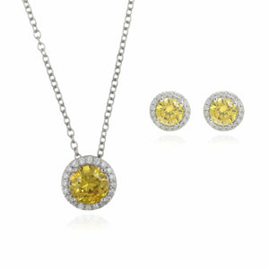 Sterling Silver 3.57ct TW Yellow CZ Halo Earring & Pendant Set