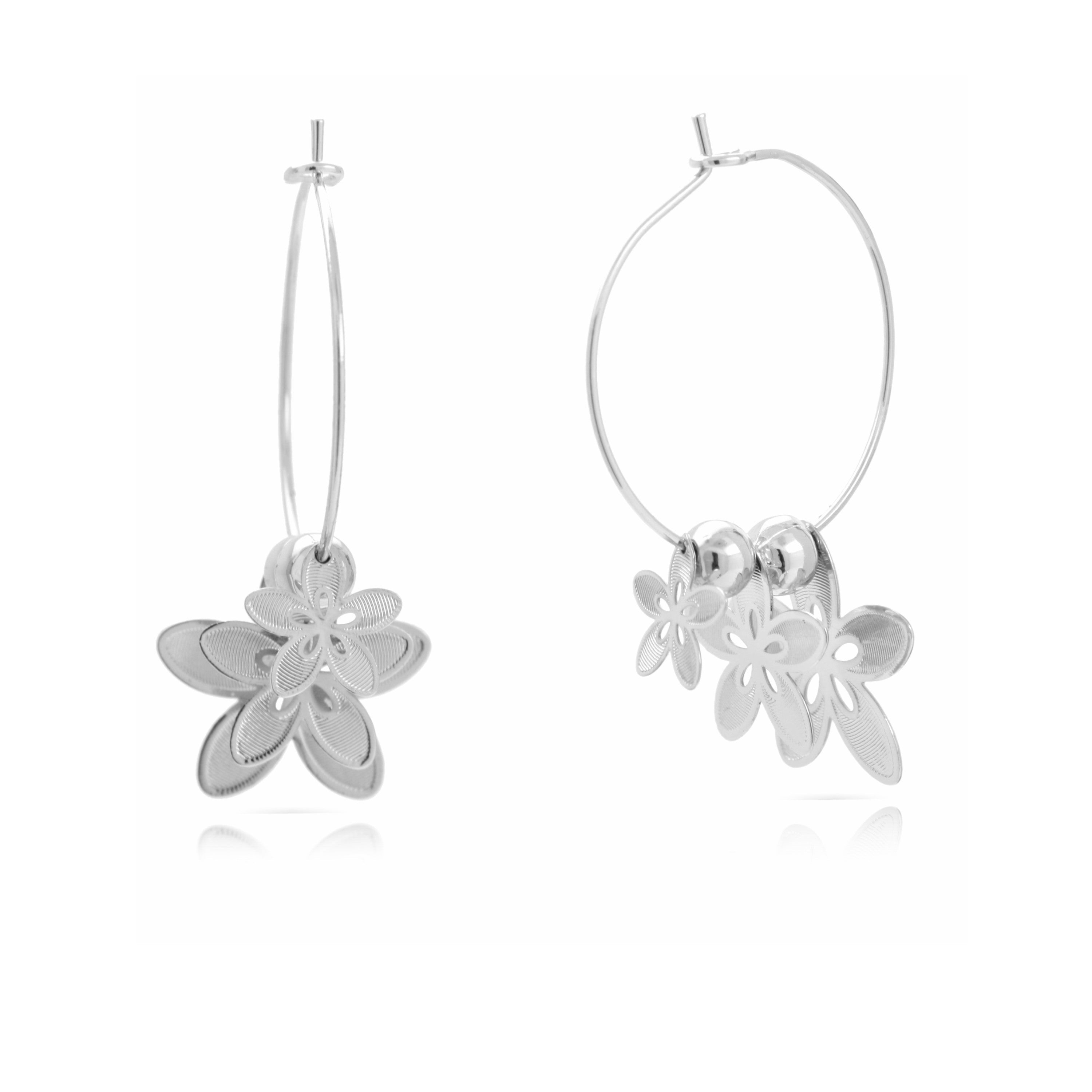 Flower Silver Tone Brass Fashion Hoop Earrings