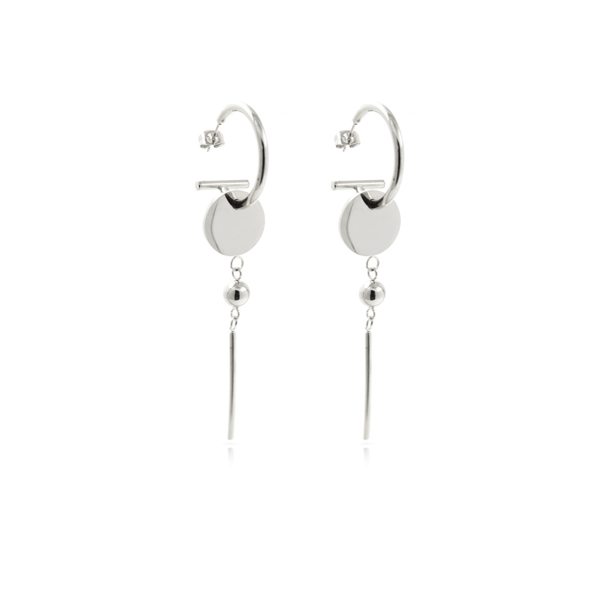 Stainless Steel Silver Tone Half Hoop Disc Drop Earrings