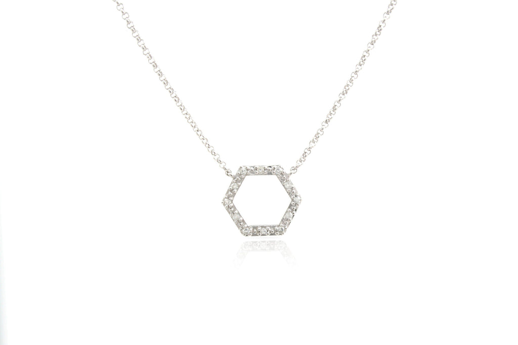 9ct White Gold Diamond Set Petite Octagon Geometric Necklace