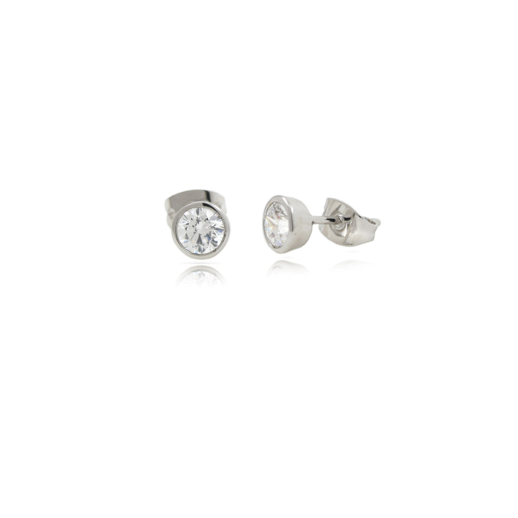 Rhodium Plated Bronze Cubic Zirconia Solitaire Stud Earrings