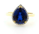 9ct Yellow Gold Synthetic Sapphire & Diamond Pear Shaped Ring