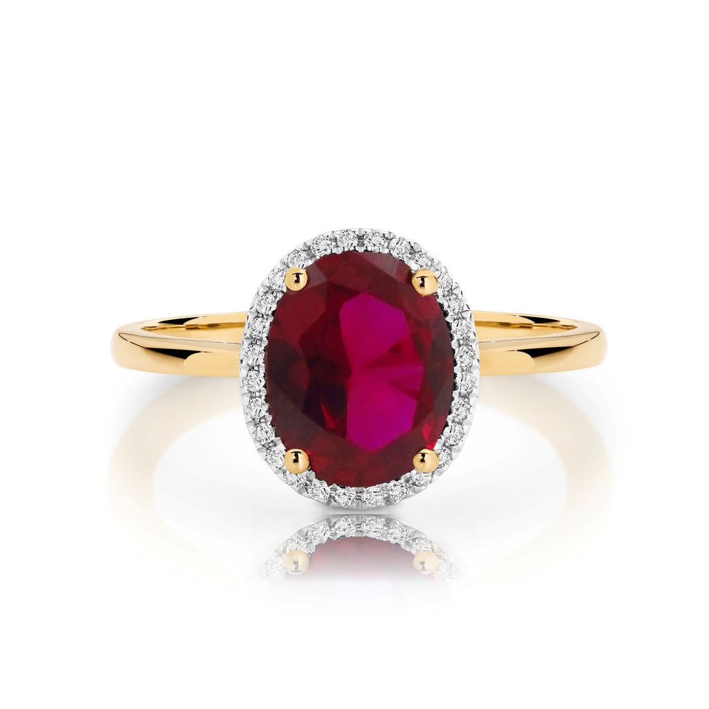 9ct Yellow Gold Synthetic Ruby & Diamond Halo Dress Ring