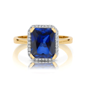 9ct Yellow Gold Diamond & Synthetic Sapphire Square Halo Ring
