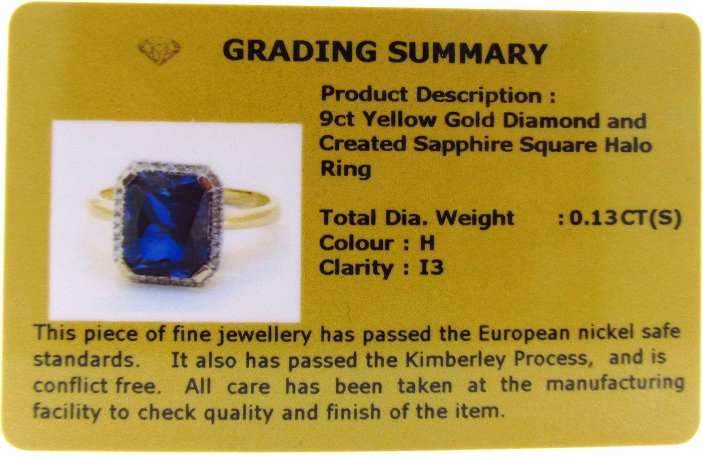 9ct Yellow Gold Diamond & Synthetic Sapphire Square Halo Ring